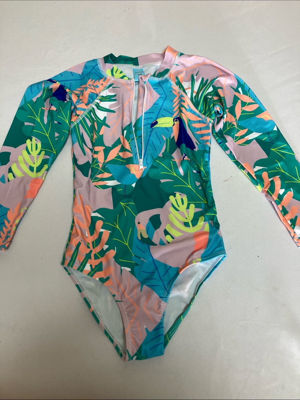 Kids Tropical Long Sleeve One-Piece Swimsuit - Green & Pink